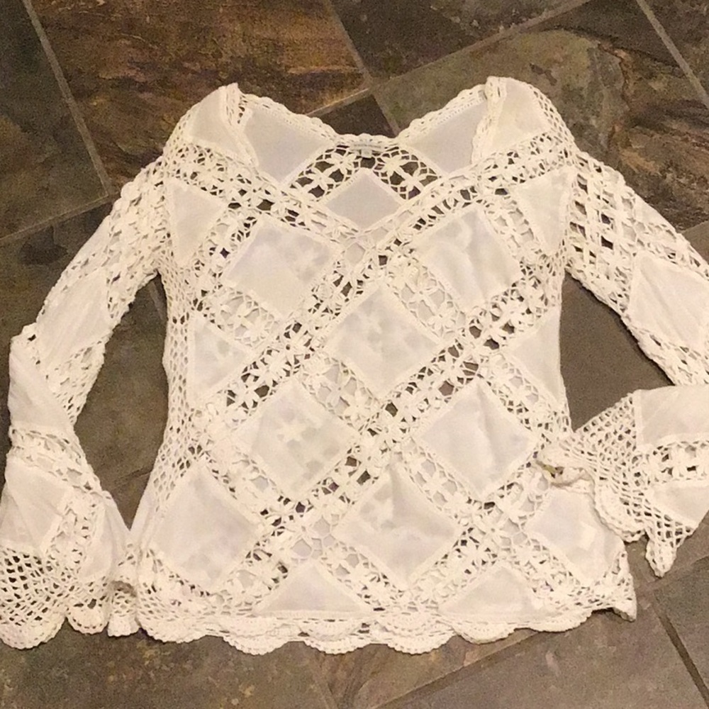 Boston Proper Crocheted bell sleeve blouse XS